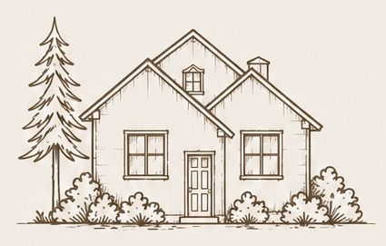 Line drawing of a home and trees