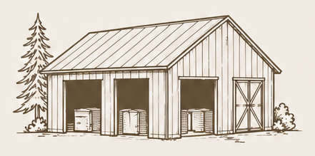 Line drawing of an outbuilding and shop