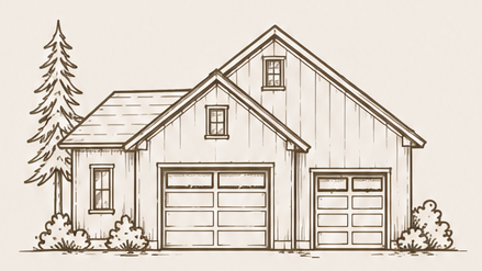 Line drawing of a renovated home and garage